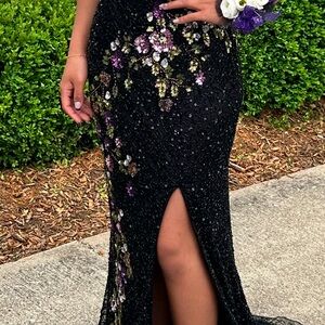 Primavera Couture Black and Purple Sequin Gown with Slit